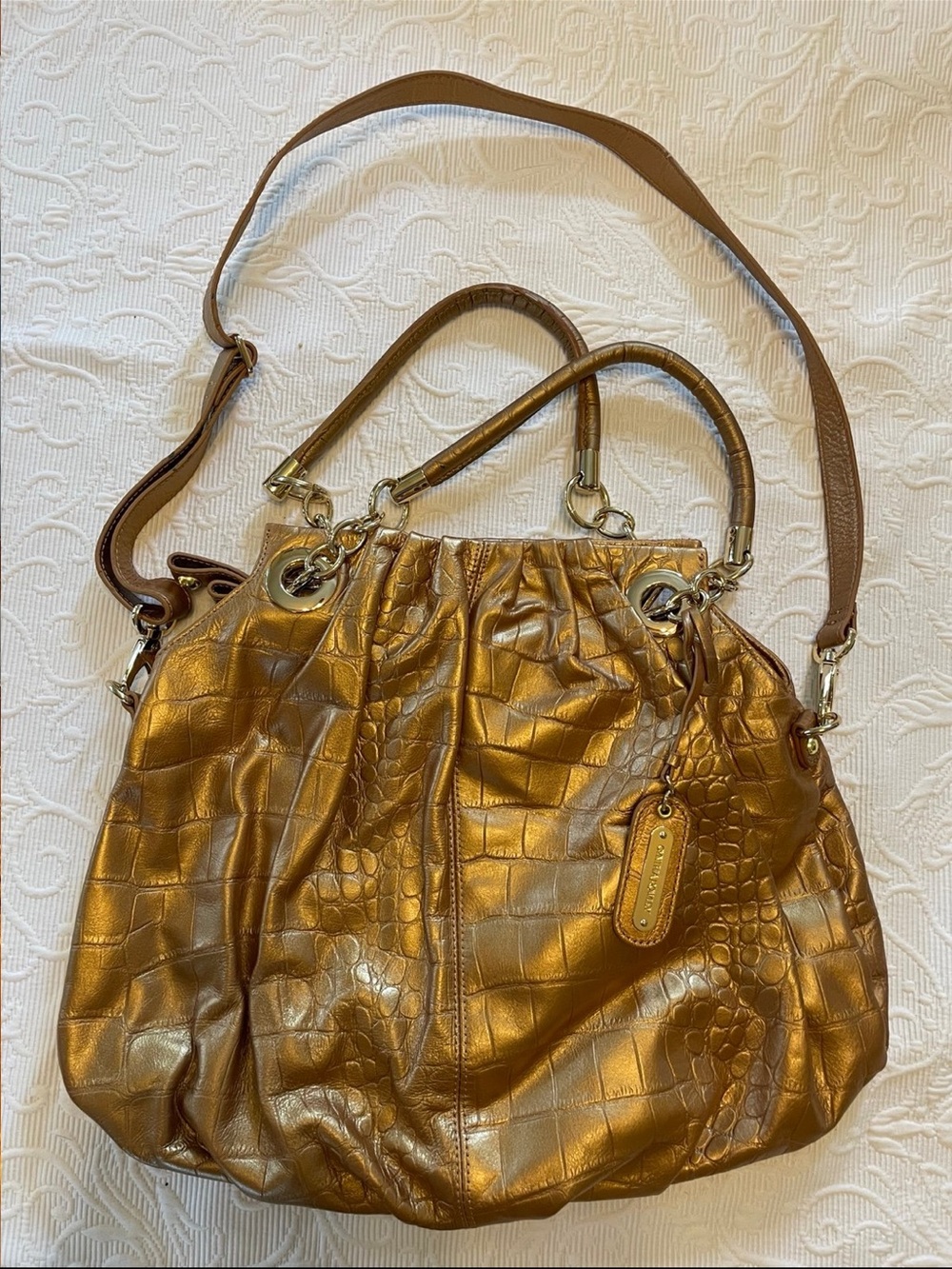 Cynthia Rowley Metallic Gold Croc-Embossed Satchel